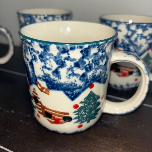 Set of 4 Mugs | Folk Craft by Tienshan | Cabin in the Snow | Sponge painted - Picture 4 of 11